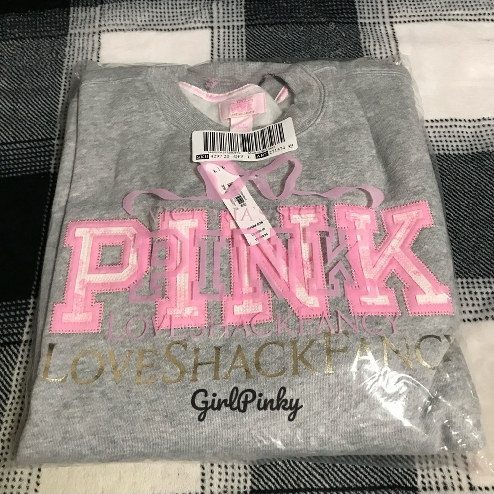 PINK x LoveShackFancy Oversized CREW Sweatshirt IN HEATHER GREY SIZES XS-XXL